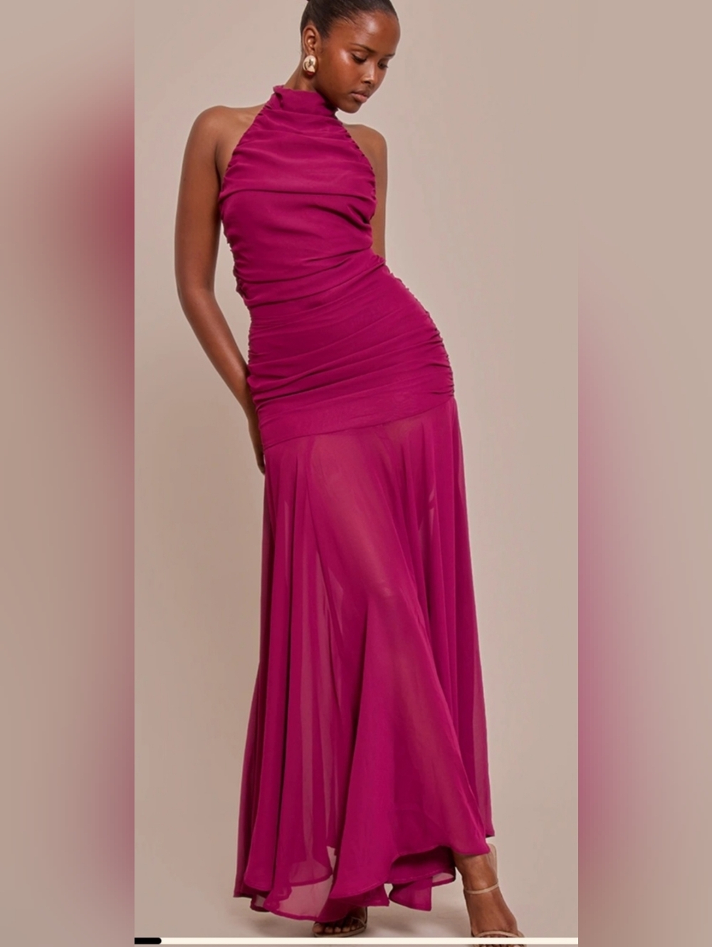 NWT PrettyLittleThing Plum Chiffon Ruched Dropped Waist Halter Neck Maxi Dress